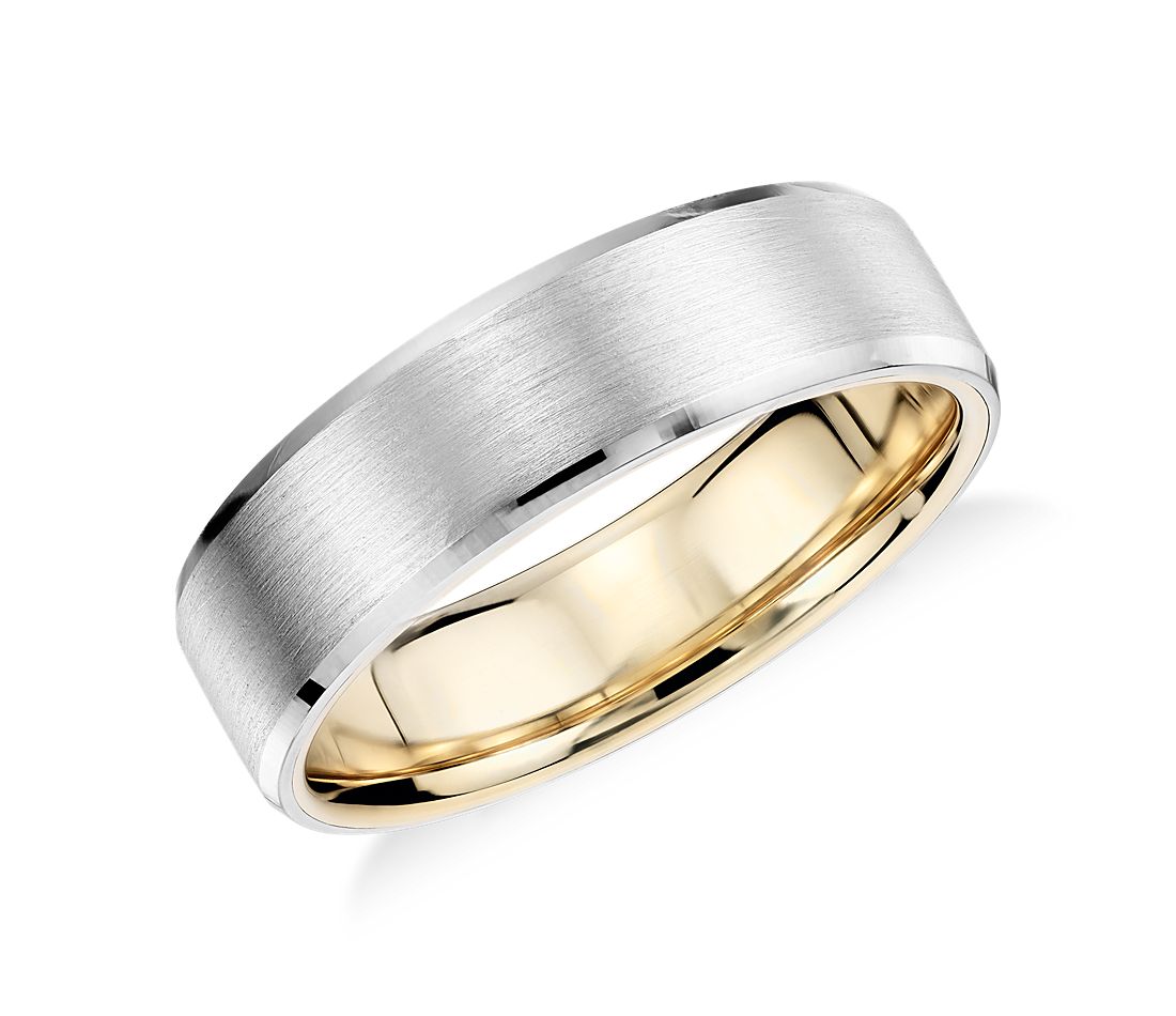 Matte Beveled Edge Wedding Ring in Platinum and 18K Yellow Gold (6mm)