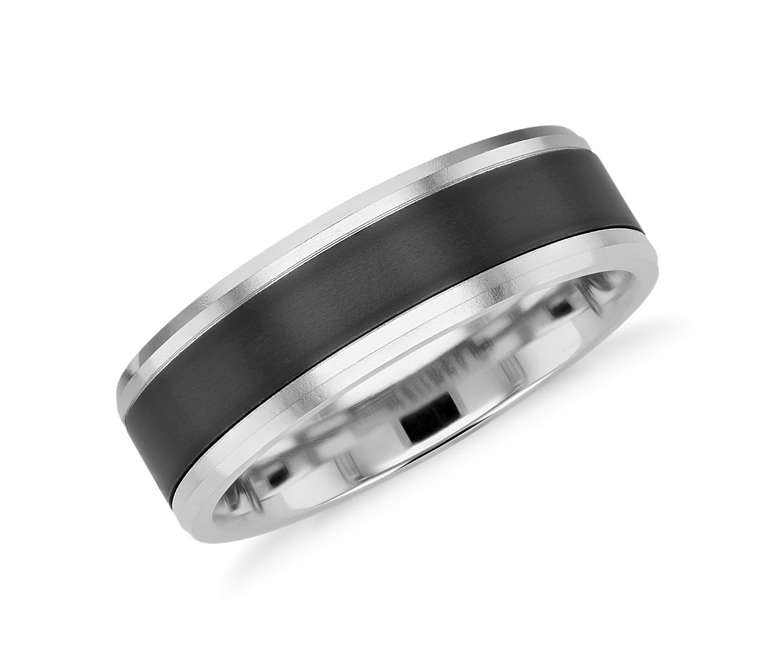 Satin Finish Wedding Ring in Black Titanium and 14k White Gold (7mm)